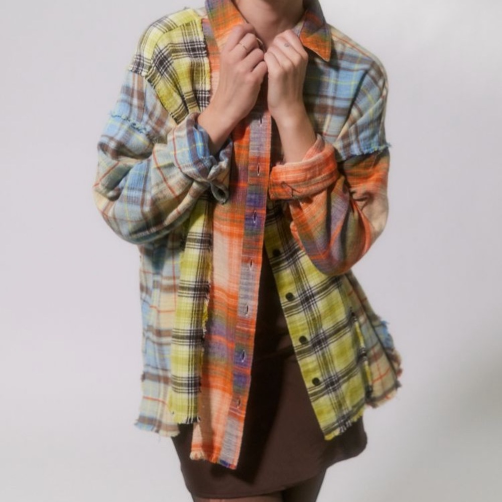 NWT Urban Outfitters BDG Oversized Spliced Plaid Flannel Button down shirt XS